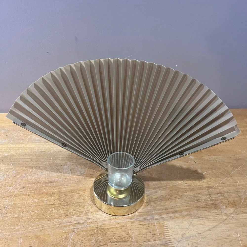 Vtg‎ Hollywood Regency Gold Shell Grey Pleated Fan Votive Candle Holder Art Deco